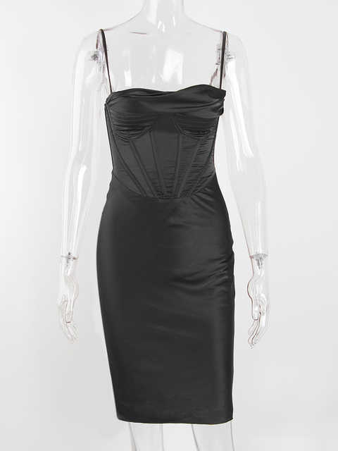 

Summer Fashion Satin Corset Midi Dress Chic Spaghetti Strap Draped Neck Padded Slim Dress Elegant Celebrity Party Robe, Black