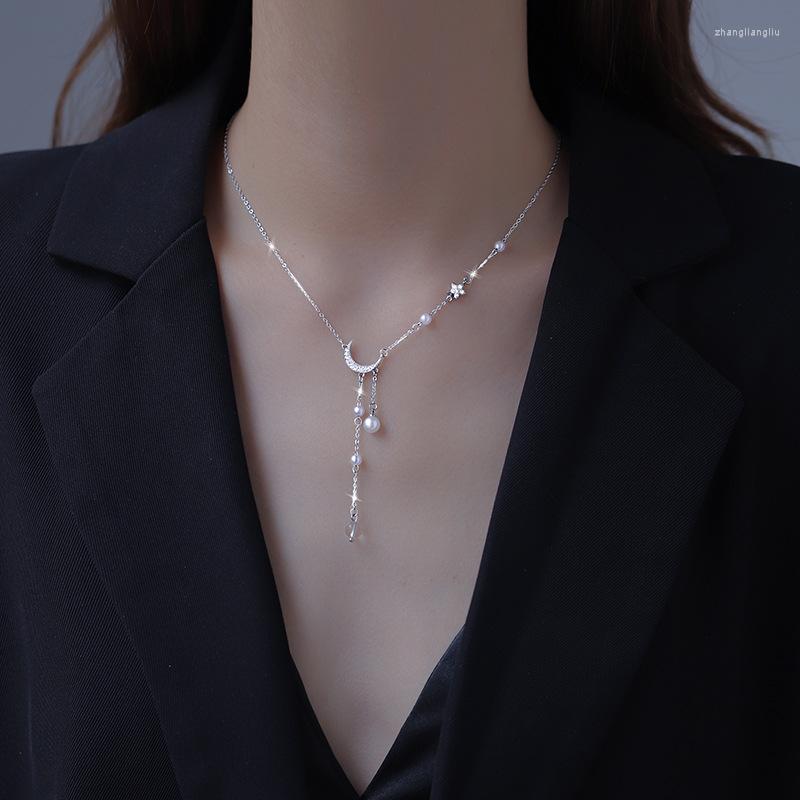 

Chains Fashion Crystal Tassel Star Moon Charm Pendant Necklace For Women Girl Clavicle Chain Choker Pearl Jewelry Dz060