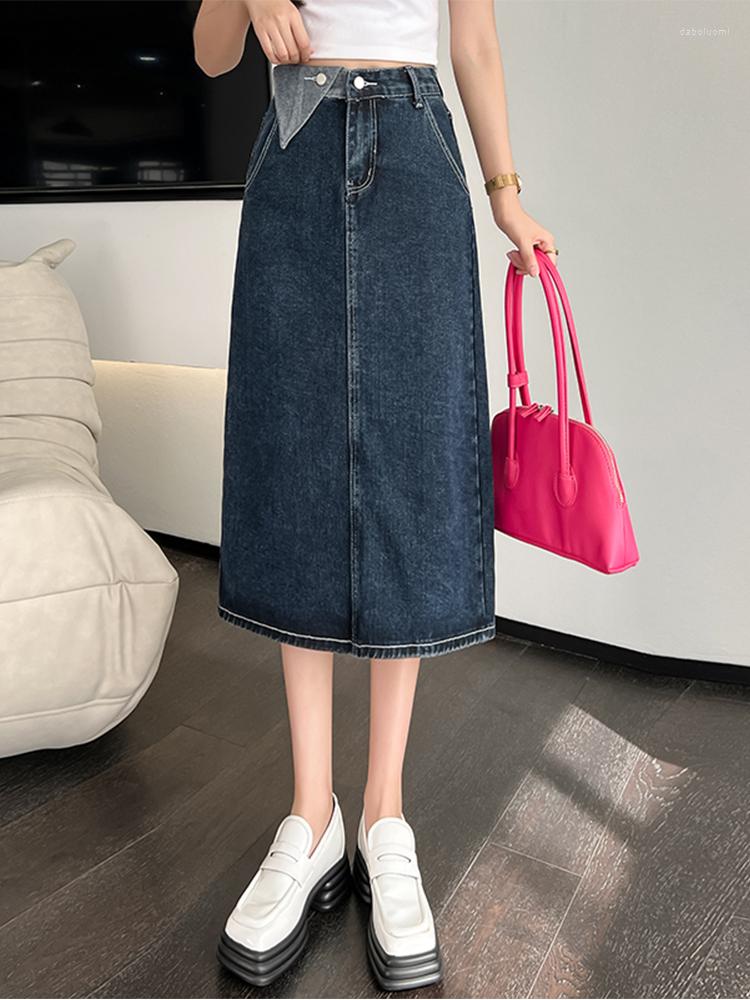 

Skirts Summer Casual Lady Empire Slim Bodycon Denim Skirt Elegant Women A-line Midi Split, Dark blue