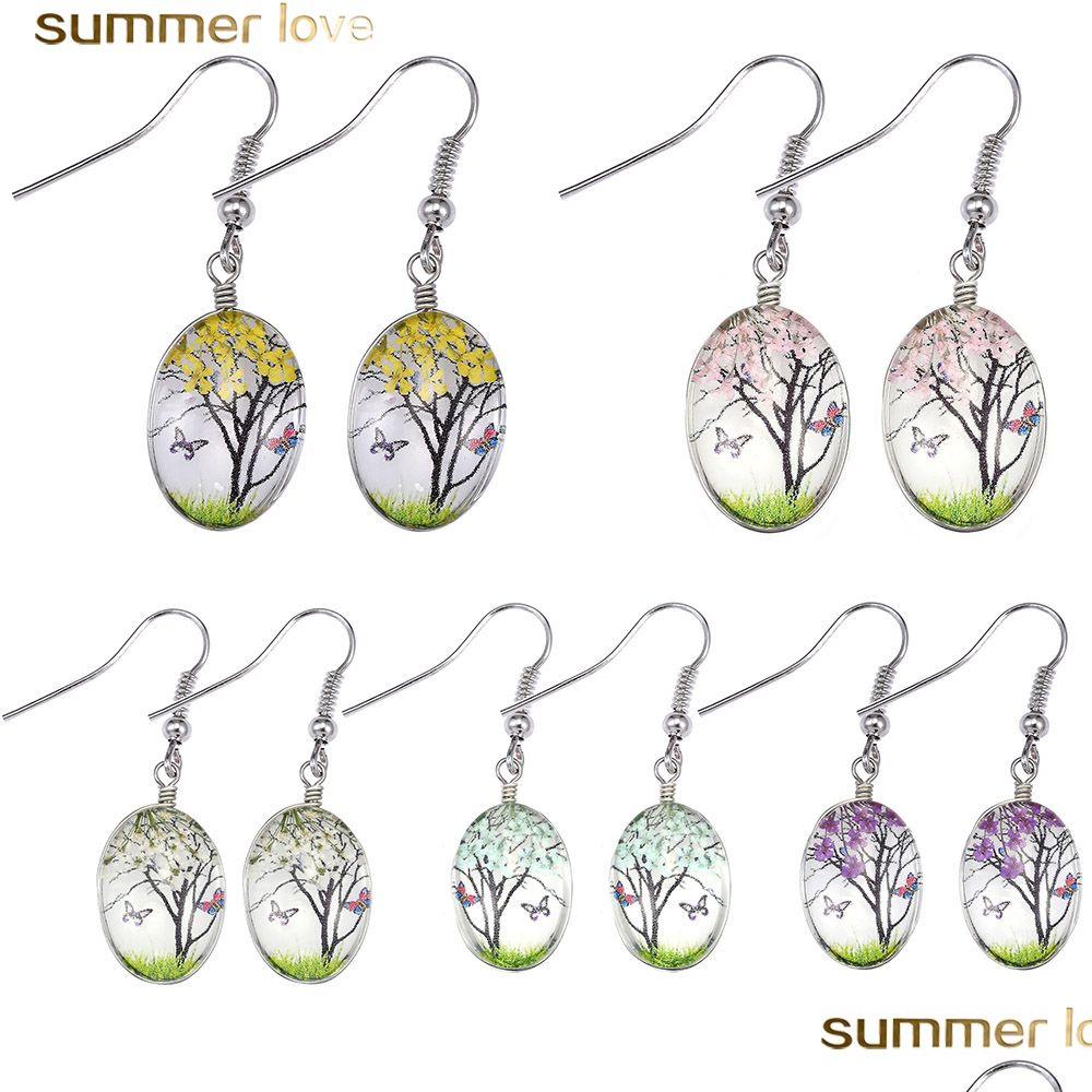 

Dangle Chandelier Design Creative Dried Flowers Earrings Handmade Romantic Colorf Glass Oval Tree Of Life Drop Earring For Elegant Dhwka