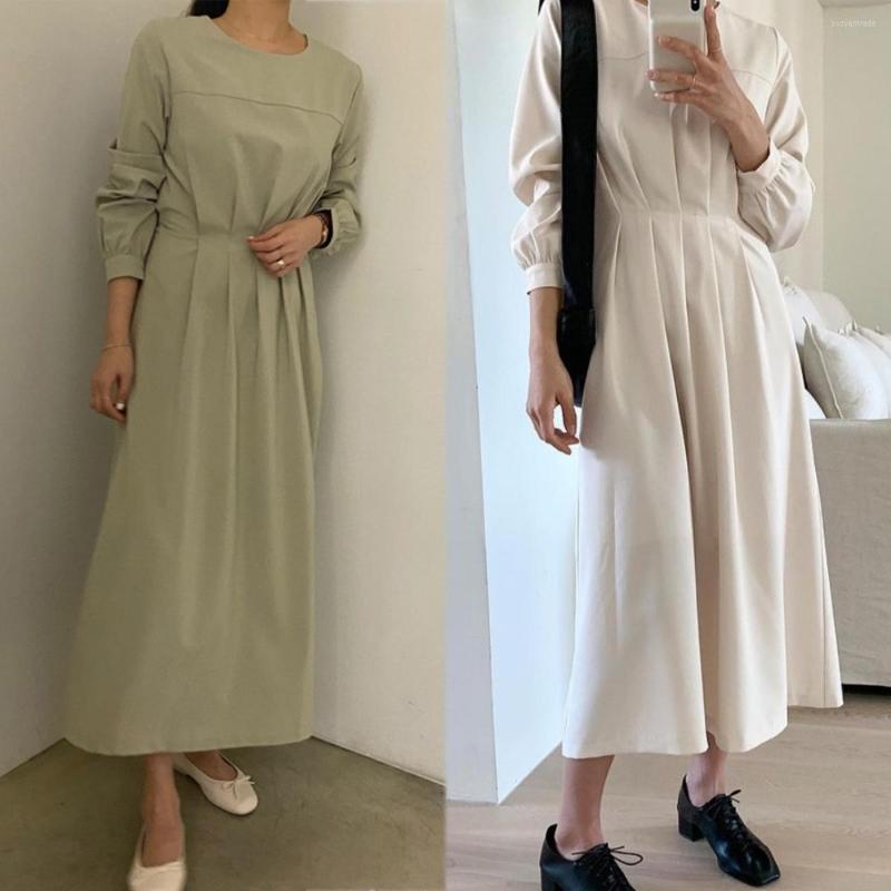 

Casual Dresses 2023 South Korea Chic Simple Waist Slim French Design Sense Long High 7 Minutes Sleeve Solid Color Dress, Beige