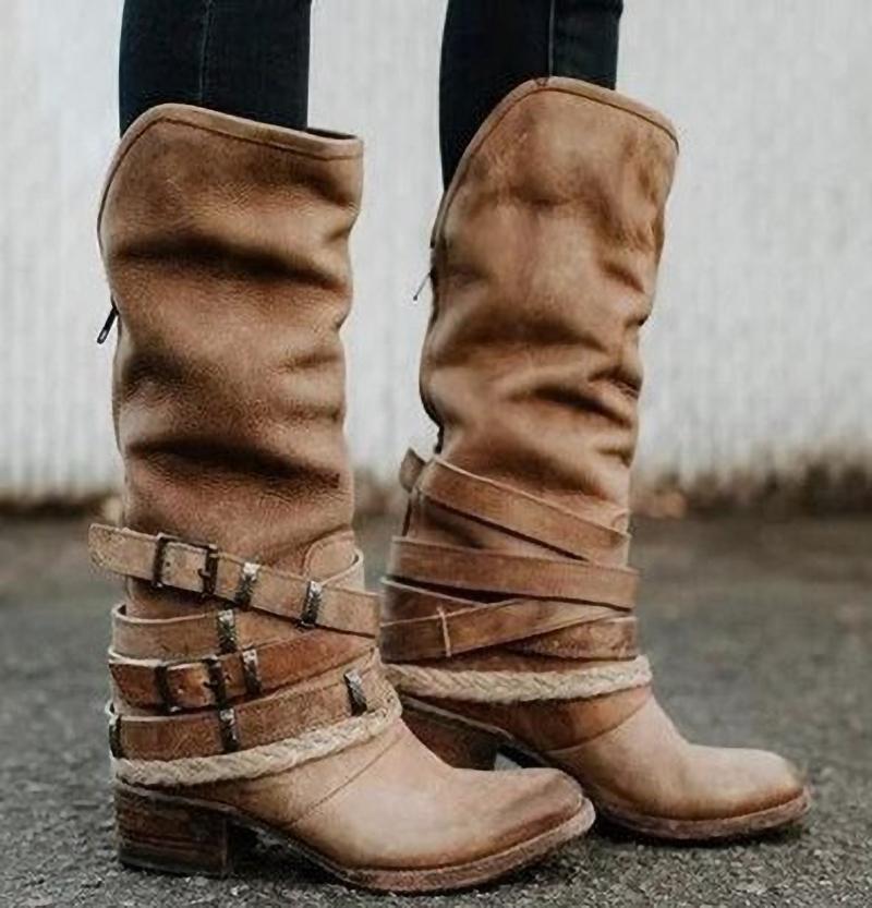 

Boots Fashion Women Lace-Up Riding Motorcycle Boot Low Heel Knee High Buckle Side Zipper Female Botas Brown, Black