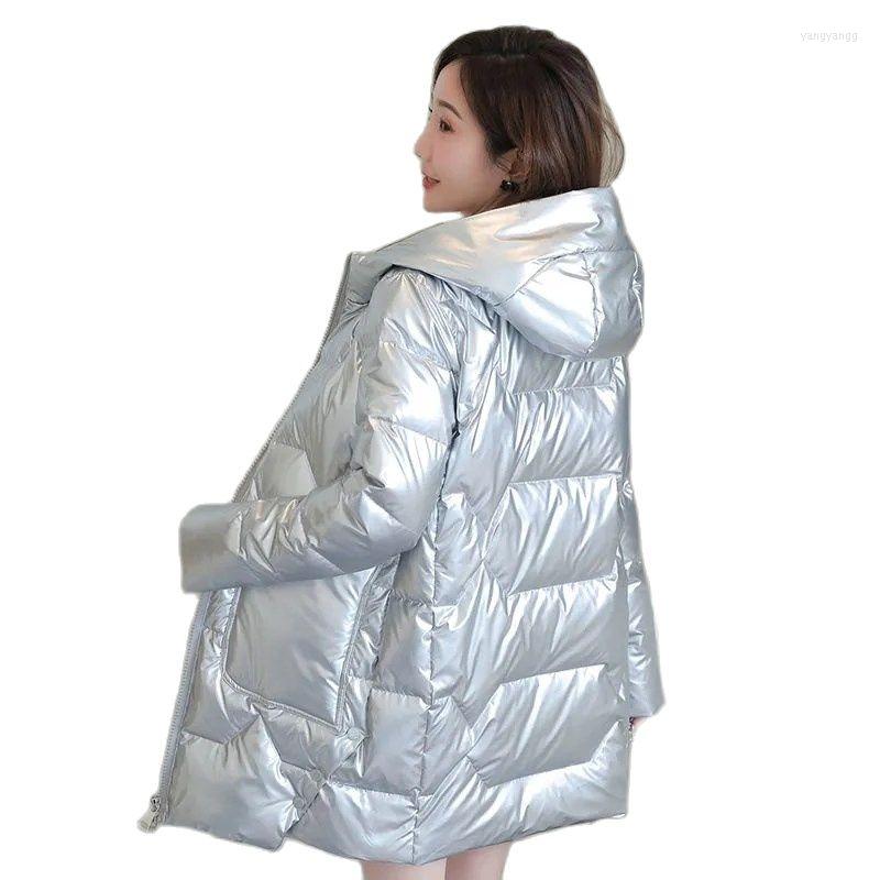 

Women's Trench Coats Down Padded Jackets Shiny Women's Parka Mid-length 2023 Winter Korean Loose Solid Fashion Thick Hooded Outwear, Silver