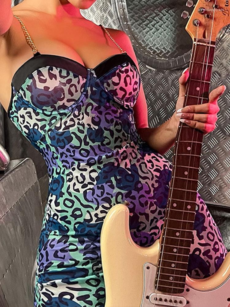 

Casual Dresses OMSJ Sexy Metallic Chain Sling Leopard Print Contrast Color Dress Low-cut V Neck Skinny Fashion Backless Female Club Mini, Blue