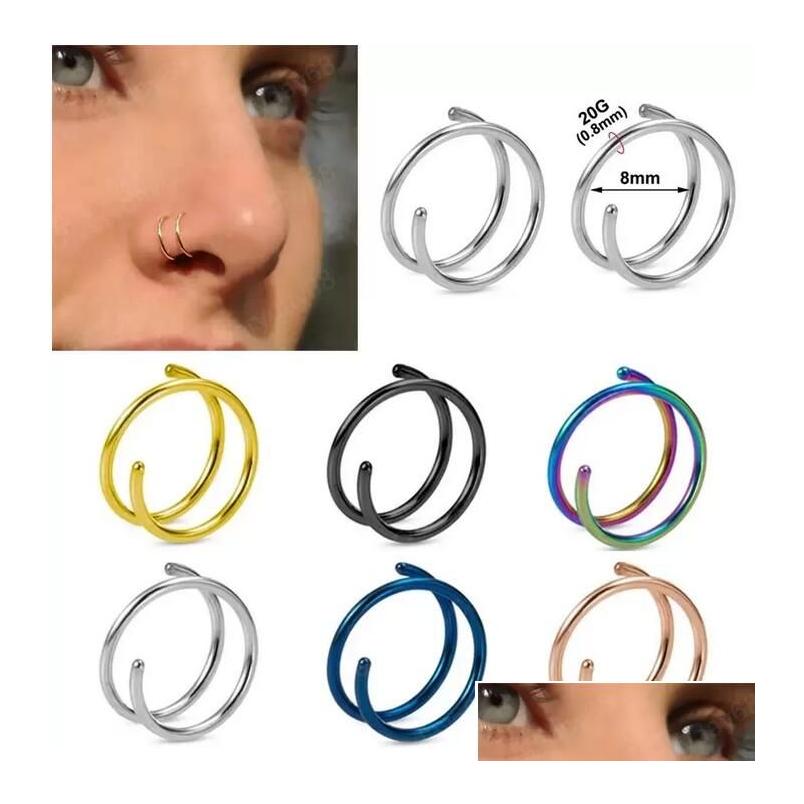 

Nose Rings Studs Stainless Steel Double Ring Spiral Septum Piercing Cartilage Hoop Earrings Tragus Helix For Women Nostril Jewelry Dh4Sg