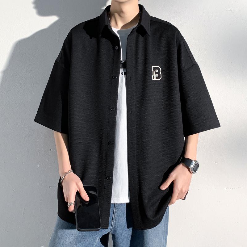 

Men's Casual Shirts Short Sleeve Shirt For Men Letter Label Japanese Style Blouses Streetwear Loose Bf Wind Unisex Tshirt, Black