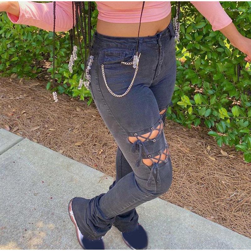 

Women' Jeans Sexy Lace Up Black Stacked Women Slim Ripped Skinny Denim Pants Plus Size Low Rise Hollow Out Street Slit Trousers