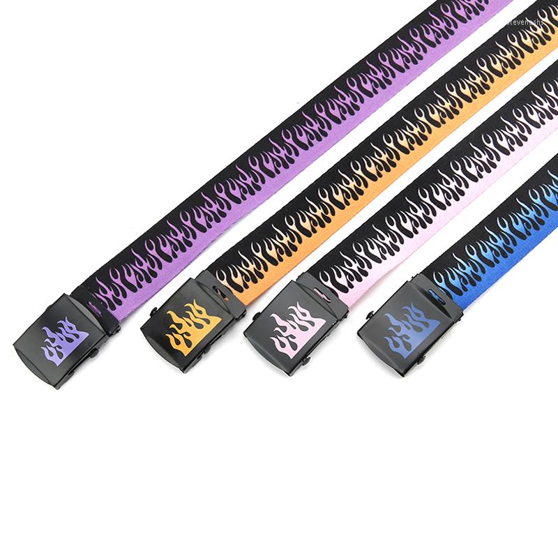 

Belts Unisex Hip Hop Punk Style Metal Buckle Belt Fashion Casual Personality Flame Printed Canvas Waistband For Jeans Pants Accessory, Green