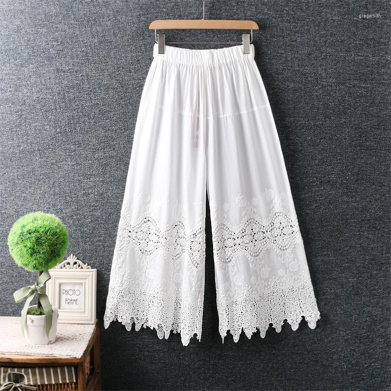 

Women's Pants 2023 Spring Summer Women Cropped Japanese Style Elastic Waist Hollow Out Embroidery Cotton Linen Wide Leg, Beige