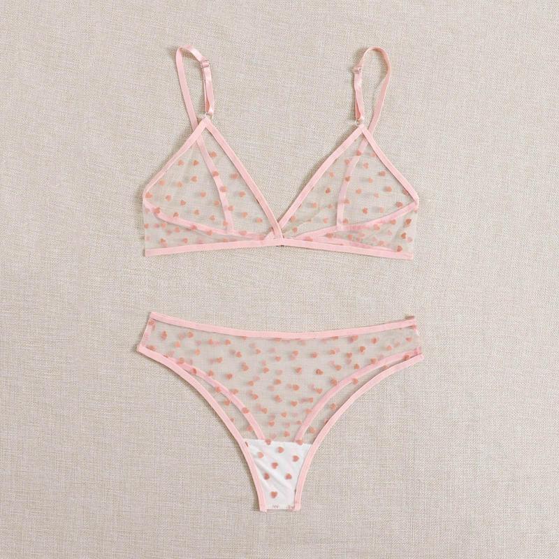 

Bras Sets Women's Underwear Set Love Printing Sexy Lingerie Mesh Bra Brief Girl's Pink Transparent Intimate 2 PCS Erotic