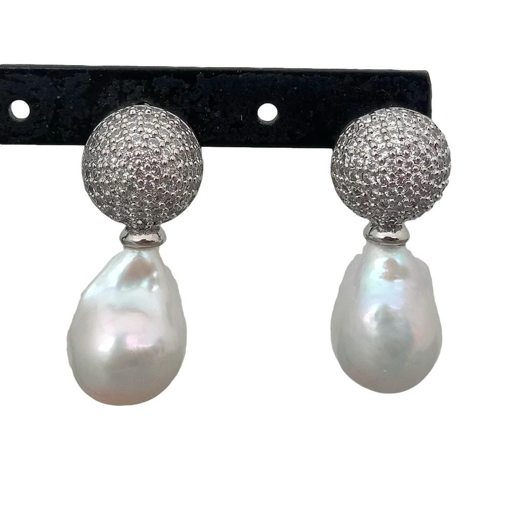 

YYGEM Cubic Zirconia Pave silver charm Cultured Freshwater White Baroque Keshi Pearl Stud Earrings