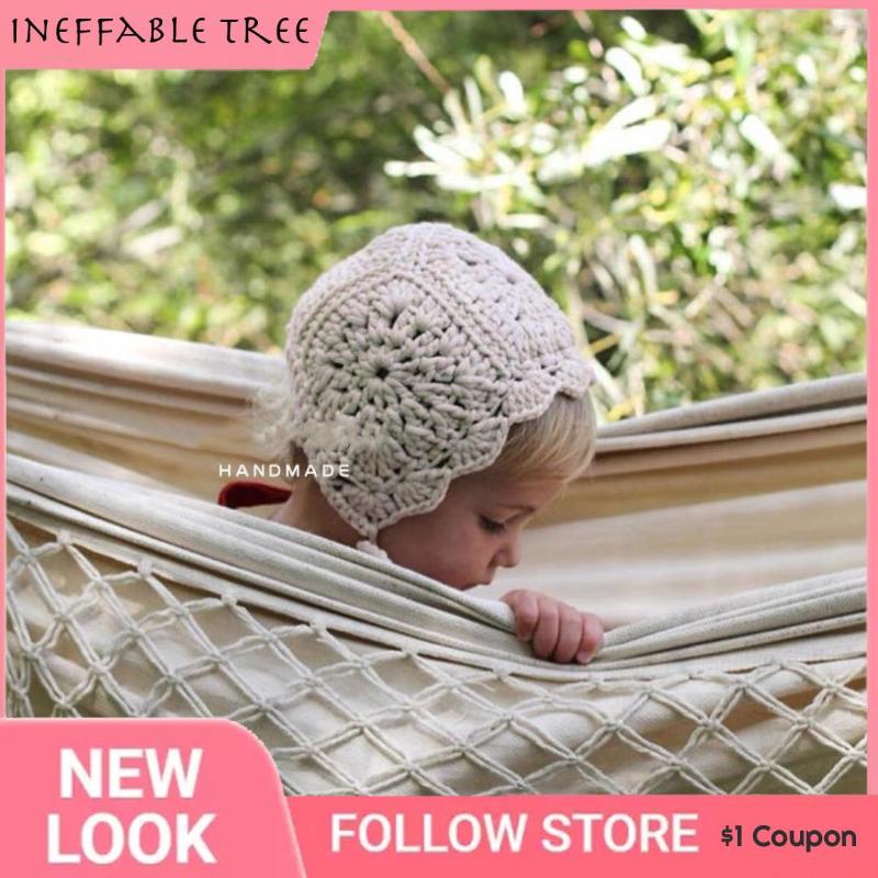 

Berets Autumn Winter Baby Ear Hatcience Handmade Knitted Hats Accessories Girl Princess Pure Cotton Caps, Beige