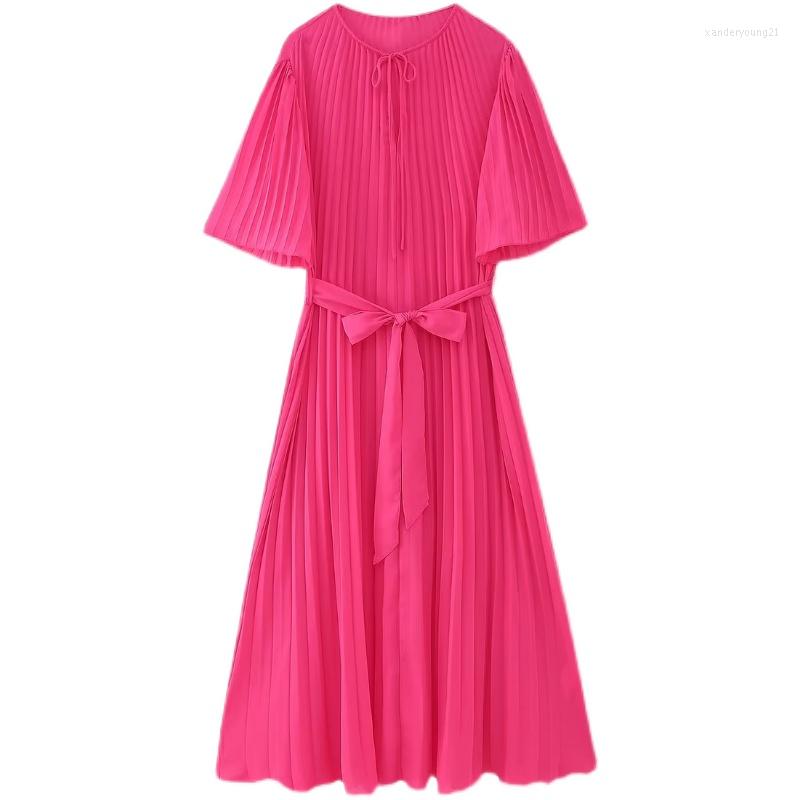 

Party Dresses SuperAen European And American Style Women's 2023 Fashion Casual Belt Pleated Long Dress, Pink