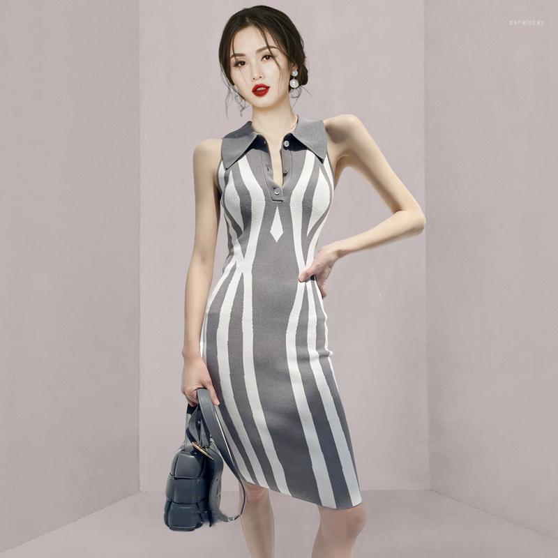 

Casual Dresses Women Polo Collar Midi Girl Spring Summer Sleeveless Irregular Stripes Slim Stretchy Knitted Thin Dress, Black