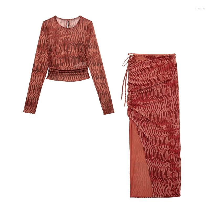 

Work Dresses Women Two Pieces Set Long Sleeves Round Neck Tops Pleated Split End Lace Up Irregular Skirt Ladies Elegant Tie Dye Skirts Sets, Red top