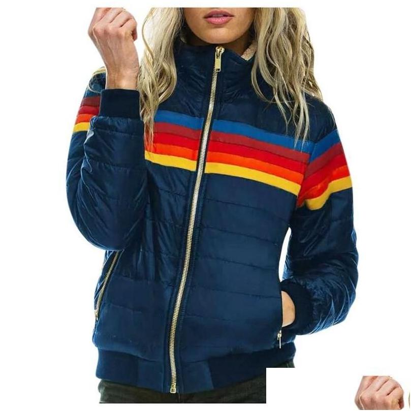 

Womens Jackets Stripe Rainbow Printed Thin Hooded Jacket Women Winter Cotton Parka For Plus Size Coat Drop Delivery A Dhfxb, Navy