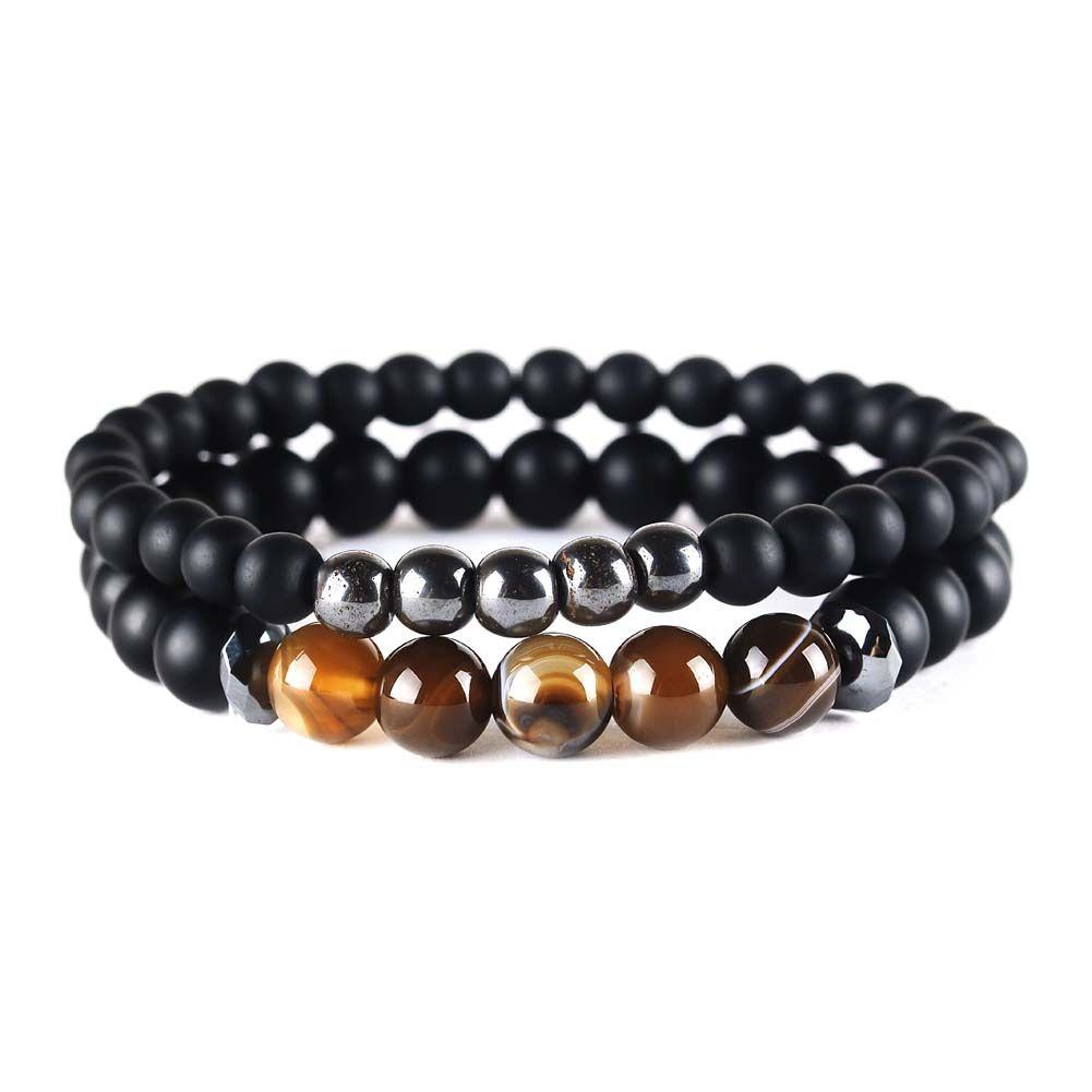 

Beaded Fashion 2 Pcs 6/8 Mm Dl Polished Black Stone Beads Bracelet Matt Onxy Bead Steel Bracelets Set For Women Prayer Drop Delivery Dhjro