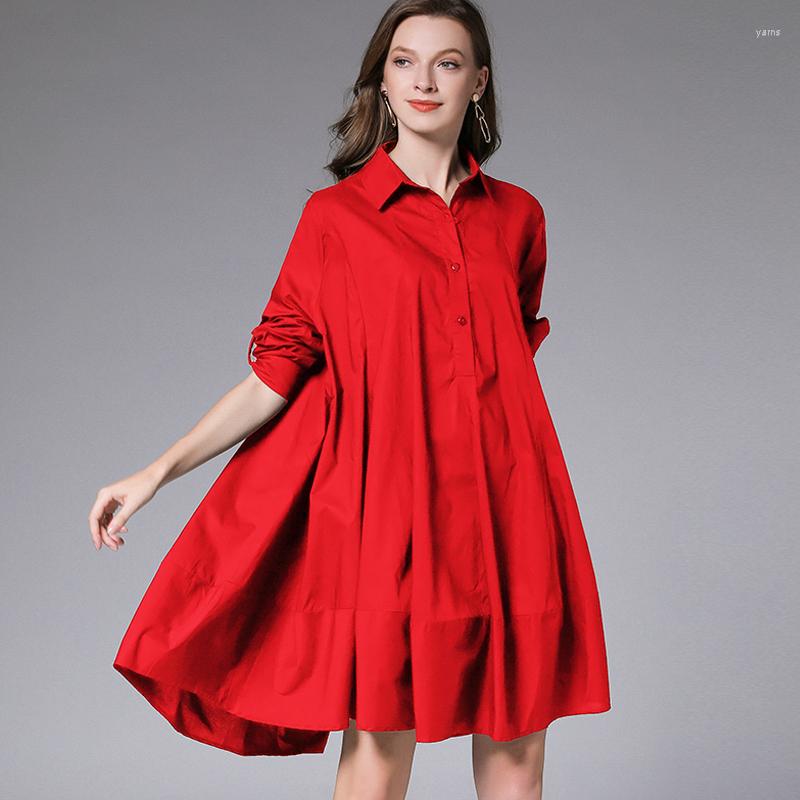 

Casual Dresses High-end Women's Early Spring Autumn Loose Fashion Long Sleeve Turn-down Collar Female Elegant Dress Pure Color, Black