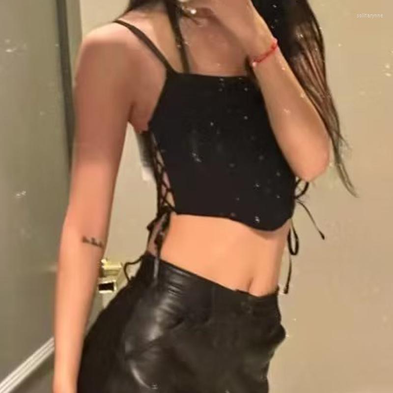 

Women's Tanks 2023 Women Side Cross Lacing Up Bandage Sexy Camis Tops Sleeveless Front Fishbone Ladies Slim Summer Crop Top, Black