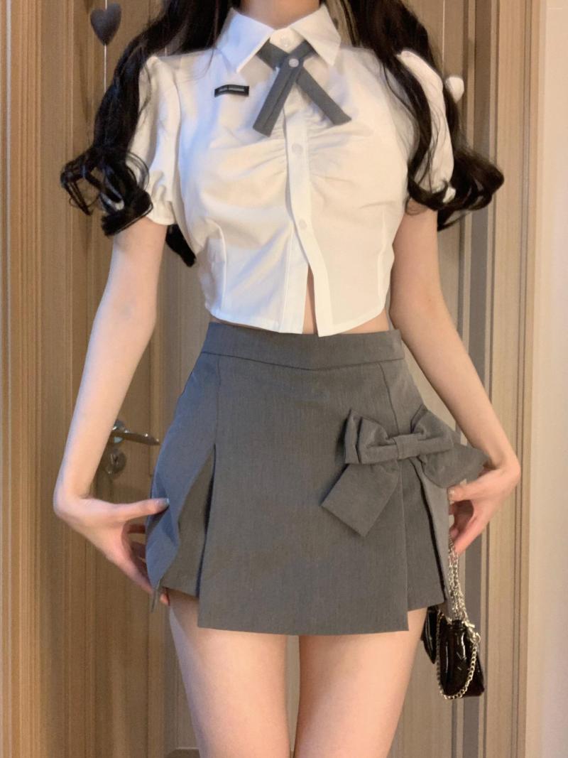 

Skirts Kawaii Bow Sweet Women Korean Fashion Party Mini Skirt Suit Female White Top Grey A-line 2023 Spring Summer, Only top