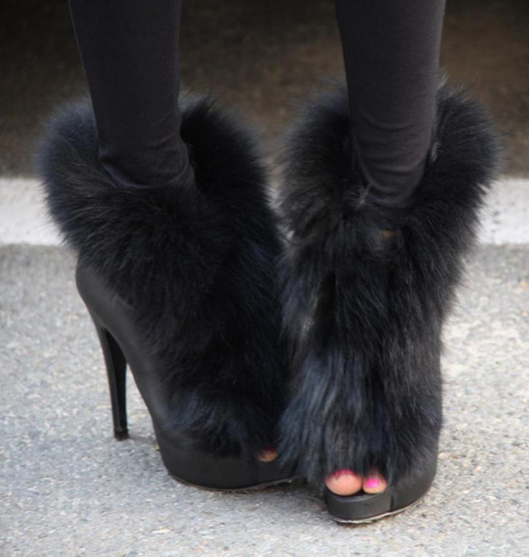 

Sexy Ladies Peep toe Real Fox Fur Wrapped Women Party Ankle Boots Female Thin high heels Street Outfit Dress Short Booties Shoes4573430, Black