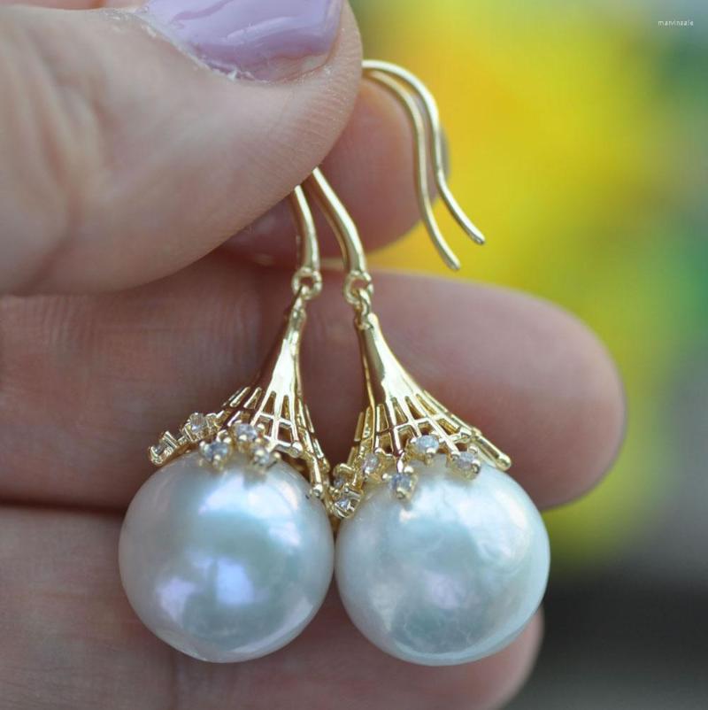 

Dangle Earrings Z10943 14mm White Round Edison Keshi Pearl Earring CZ