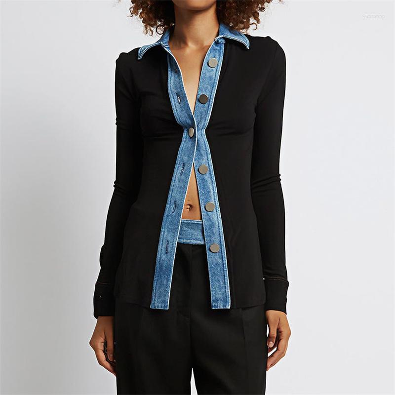 

Women' Blouses Fashion Woman Blouse 2023 Summer In Cotton Denim Contrast Panel Women' Shirt Elastic Slim Fit High Quality Long Sleeve, Black
