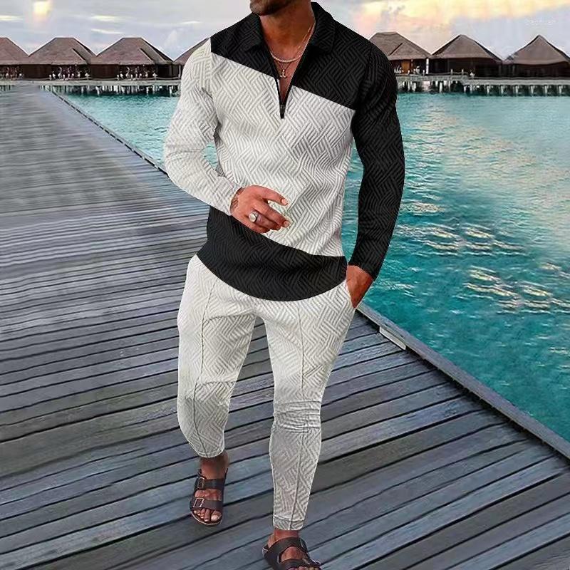 

Men's Tracksuits 2023 SpringtimeAutumn Men's Polo Shirt Set Long Sleeve V-neck Lapel Printing Streetwear Fashion Suits Relaxation Man, Pink
