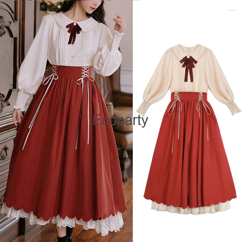 

Skirts Women' College Style Vintage Dresses Kawaii Japanese Doll Collar Long Sleeved Shirt High Waisted Double Layer Skirt Set Vestido, Only shirts p