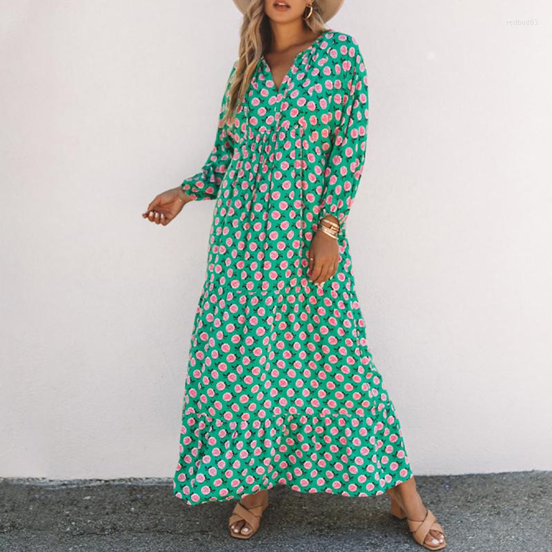 

Casual Dresses Women' Summer Dress 2023 Long-Sleeved Thin Fashion Green Print