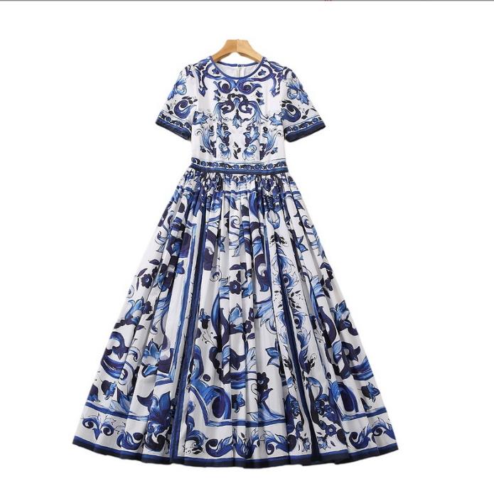 62 XL 2023 Runway Dress Crew Neck Short Sleeve Blue Red Empire Brand Same Style Dress Flora Print High Quality Womens Clothes sh