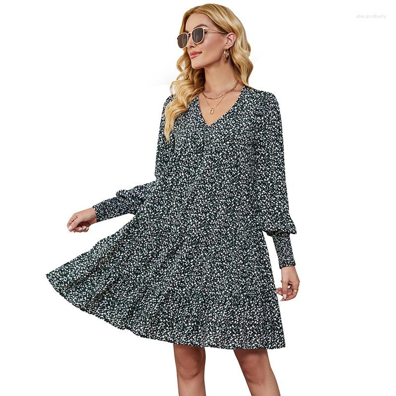 

Casual Dresses Women's 2023 Autumn V-neck Elegant Fashion Lantern Sleeve Long Dress Lady Printing Green Blue Vestidos, Dark blue