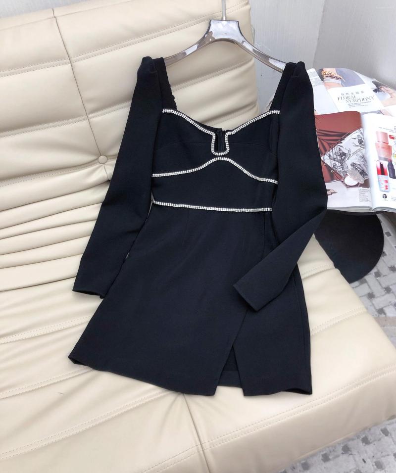 

Casual Dresses 2023 Summer Women Rhinestone Beading Solid Long Sleeve Elegant Party Slim Mini Dress Black