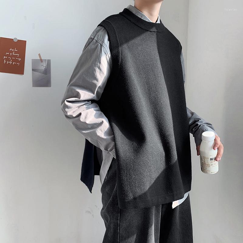 

Men's Vests Design Loose Vest Ins Students Black Side-slit Spring Chic Men O-neck Soft Sweater Casual Korean Style Knitting All-match