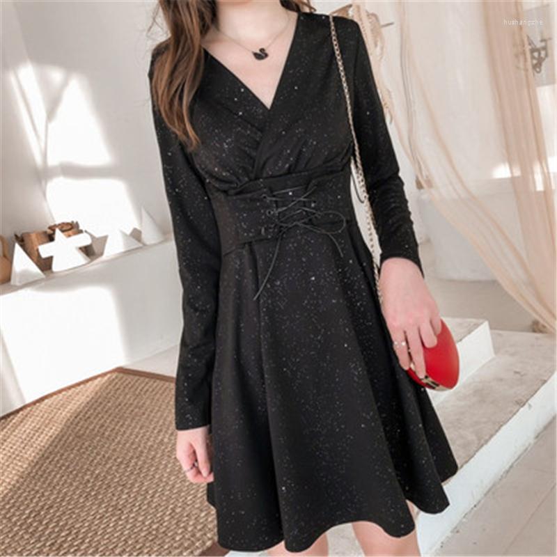 

Casual Dresses Spring Autumn Dress Women V-neck Sequin Female Party Vintage Long Sleeve Slim Femme Vestido T655, Black