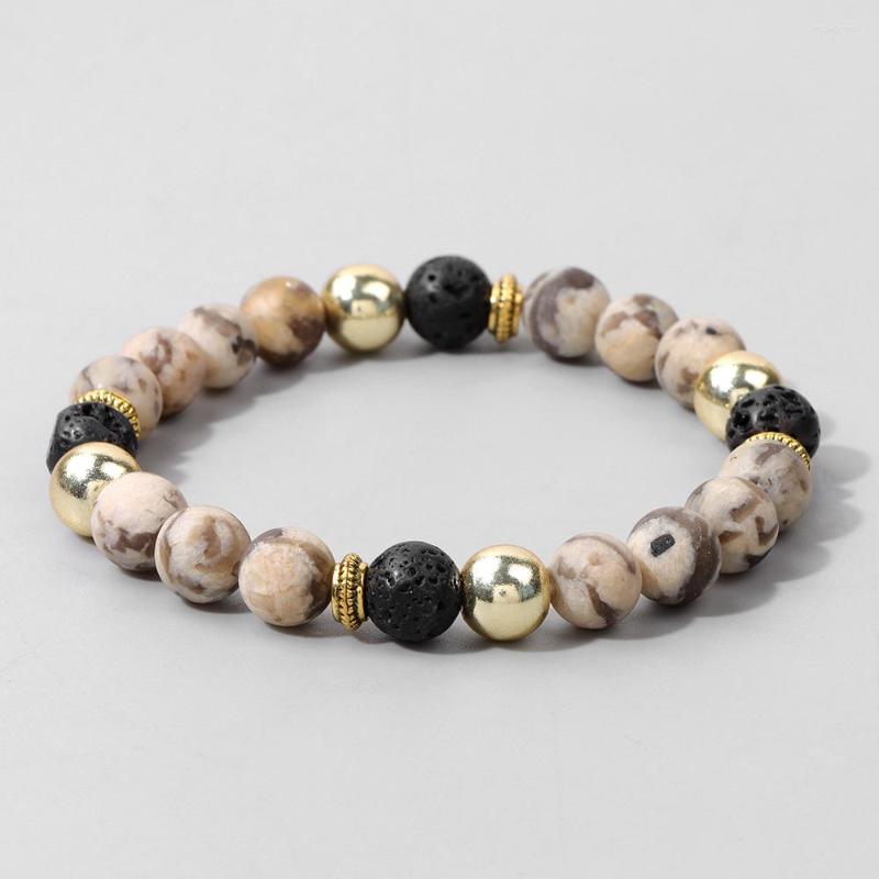 

Strand Fashion Pink Zebra Beads Bracelet Natural Stone Lava Labradorite Quartz Bracelets Men Women Beaded Stretch Yoga Jewelry 8mm