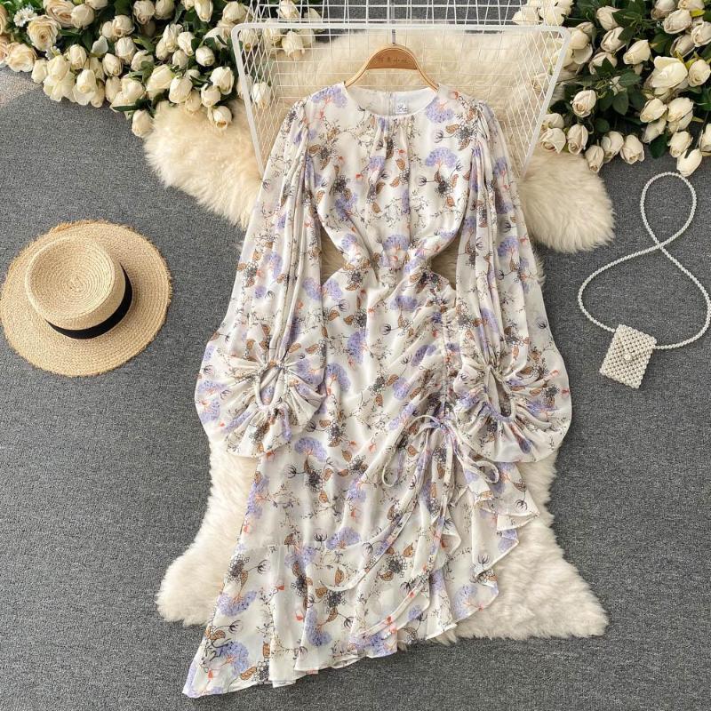 

Casual Dresses French Retro Floral Waist-slimming Lantern Sleeves Design Sense Niche Pleated Tied Temperament Fairy Dress, Blue