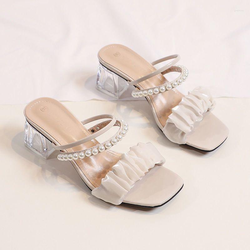 

Slippers 2023 High Quality Women's Shoes Square Root PU Fashion Trend Elegant Open Toe Beaded Heel, Beige