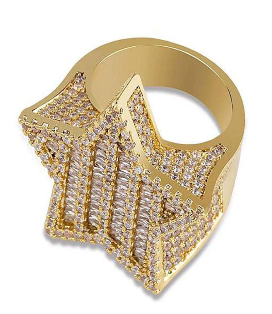 

Mens Iced Out 3D Gold Super Star Rings Micro Pave Cubic Zirconia 14K Gold Plated Simulated Diamonds Hip hop Ring with gift box8834886