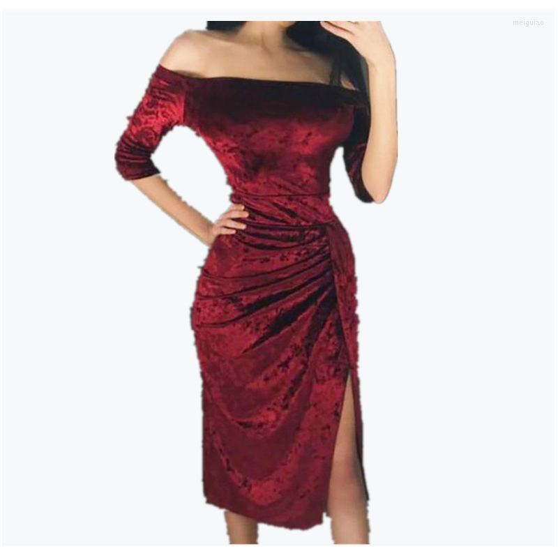 

Casual Dresses 1160 Womens Sexy Off Shoulder Short Sleeve Ladies High Slit Night Party Dress Irregular, Wine red