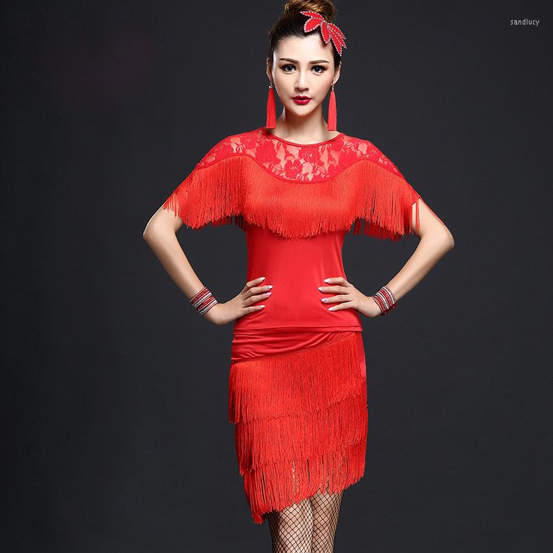 

Stage Wear Women Salsa Dancing Skirt Costume Set 4pcs With Bracelet Ballroom Fringe Latin Dance Dress, Black