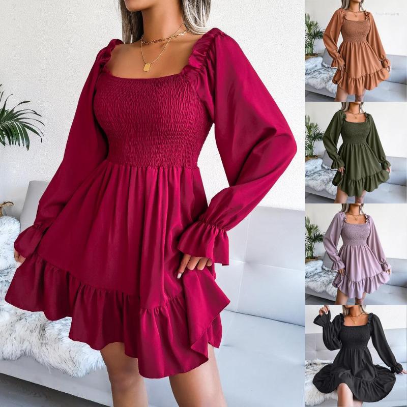 

Casual Dresses European And American Square Neck Flared Long Sleeved Ruffled Hem Dress, Black