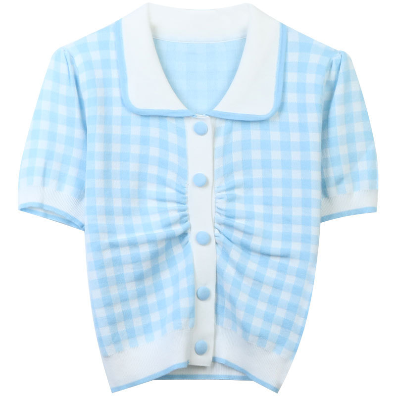 

516 L 2023 Summer Sweaters Women' Pullover Sweater Blue REd Black Striped Lapel Neck Short Sleeve Brand Same Style Women' limingmo