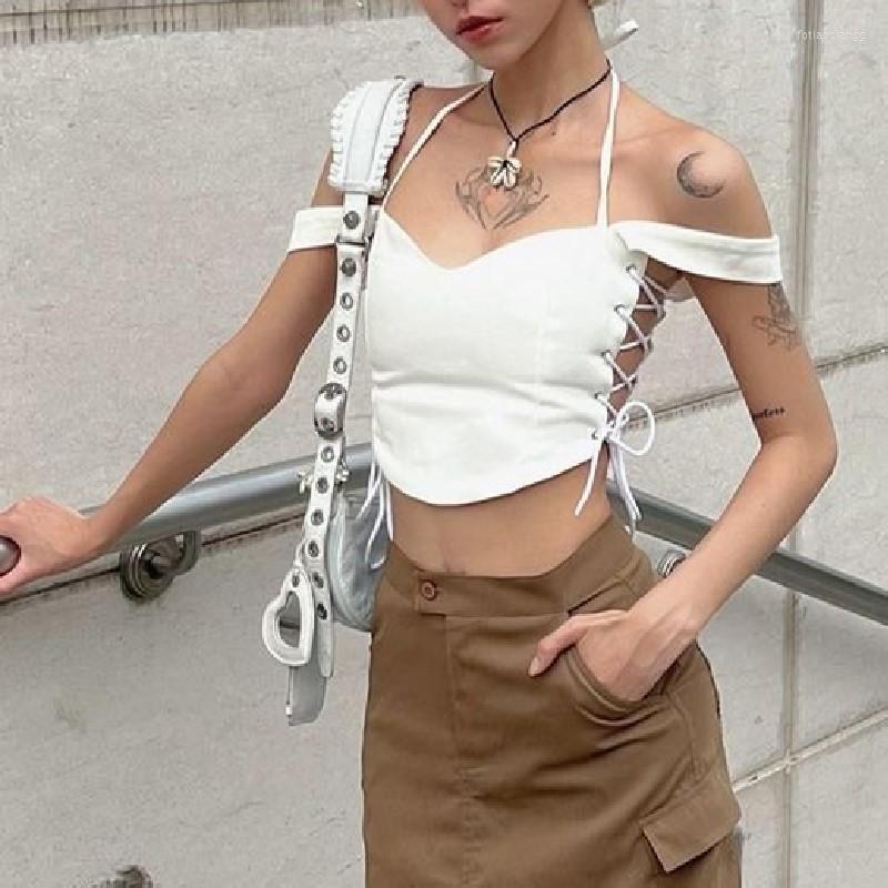 

Women' Tanks Women White Bandage Crop Top Sleeveless Vest Halter Tank Corset Summer Clothes Y2k Streetwear Ropa Aesthetic