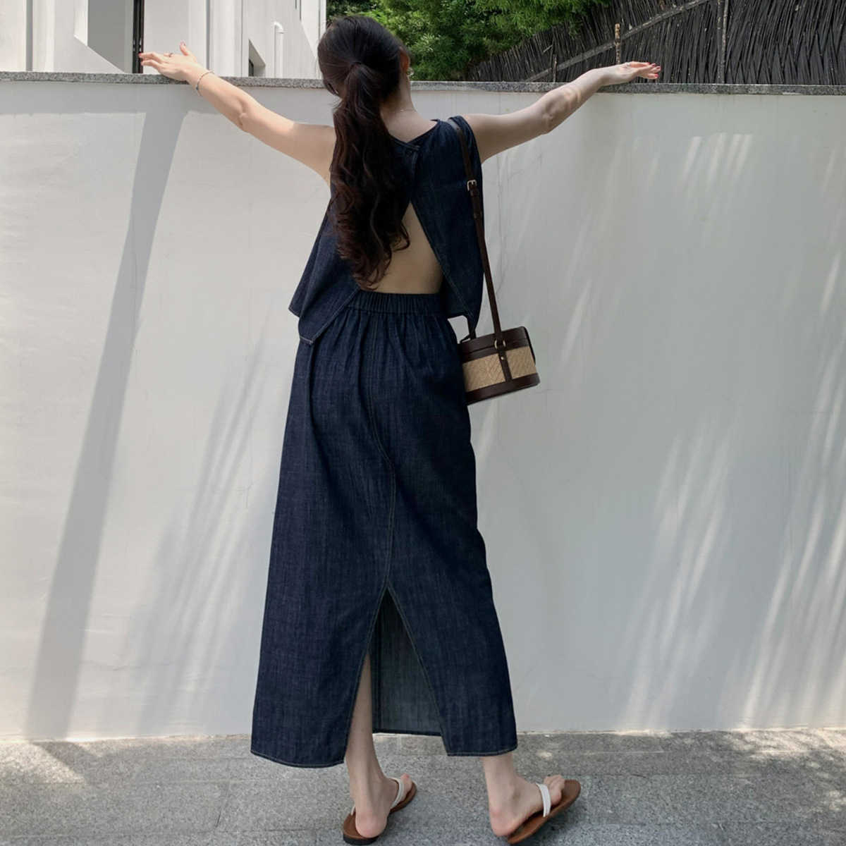 

En Ou inbyin Summer Denim Skirt Back Split Half Skirt Women' New Slim High Waist A-line Skirt, Blue2