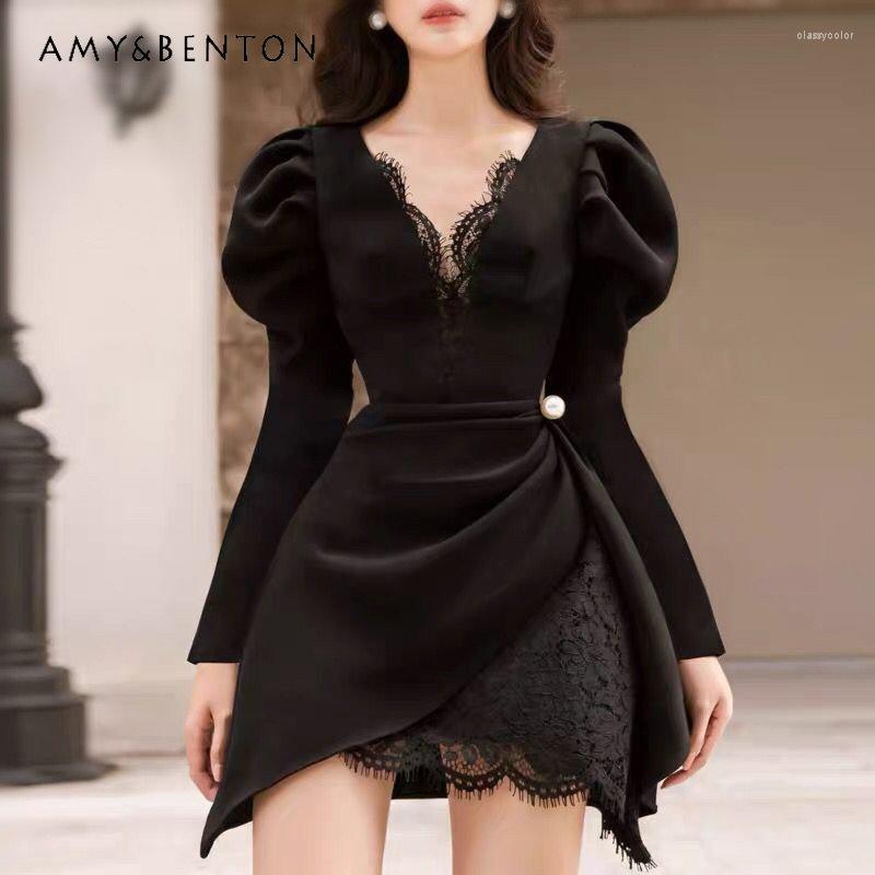 

Casual Dresses Autumn Tight Waist High Brand Dress Female V-neck Black Puff Sleeve For Laides Fashion Women' Elegant