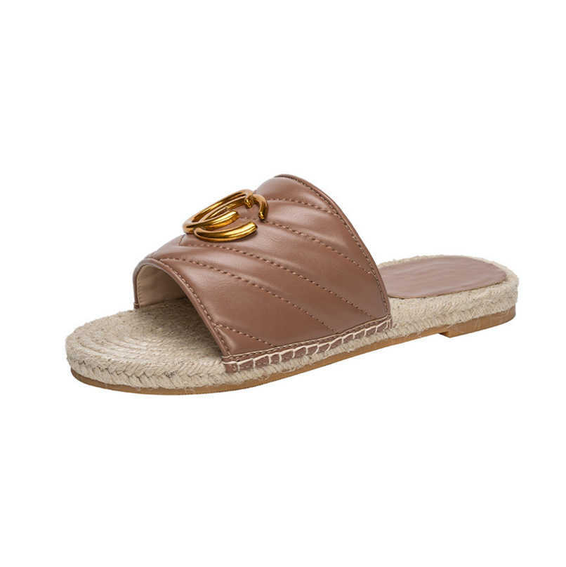 

Women Espadrille Slippers Designer Lady Wave Leather Bronze Gold Mental Cord Platform Rubber Sole Flat Slide Sandal Straw Soles Double G Thick Bottom Flip Flops, 2304pd3-4