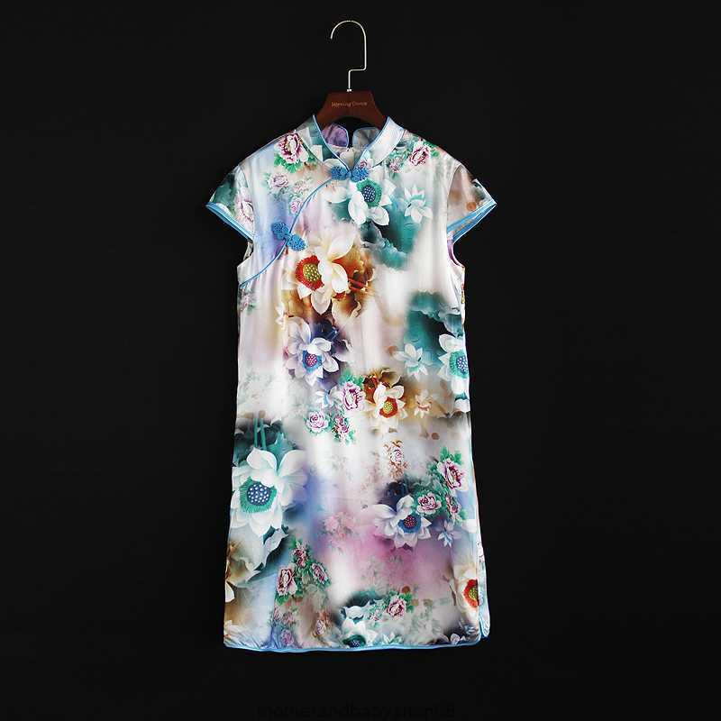 

cheongsam Code Clear girls Silk Small Half Sleeves A-line with Lotus Pattern Classical Clothing Baby Cheongsam, Silk lotus painting