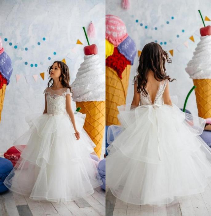 

Cute White Lace Appliqued Flower Girl Dress Short Sleeves First Communication Dress Long Girl Birthday Formal Party Wedding Gown4136023, Pink