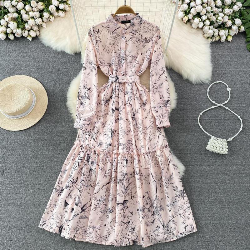 

YICIYA Casual DressesVintage Temperament Long Sleeve Polo Collar Belt Waist Slim Printed Dress Elegant Single Breasted A-line Female clothing, Blue